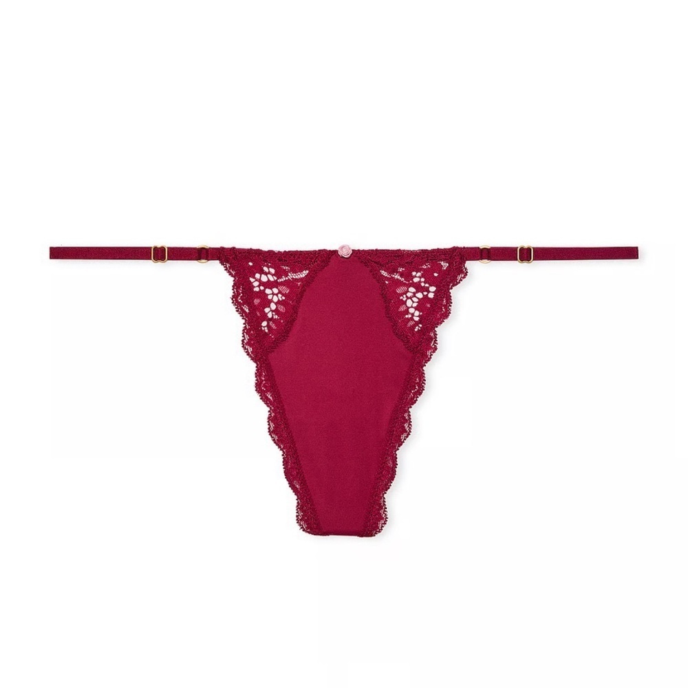 ✨❤️NWT Victoria's Secret Lace-Trim Adjustable V-String Thong Red/Burgundy Size M
